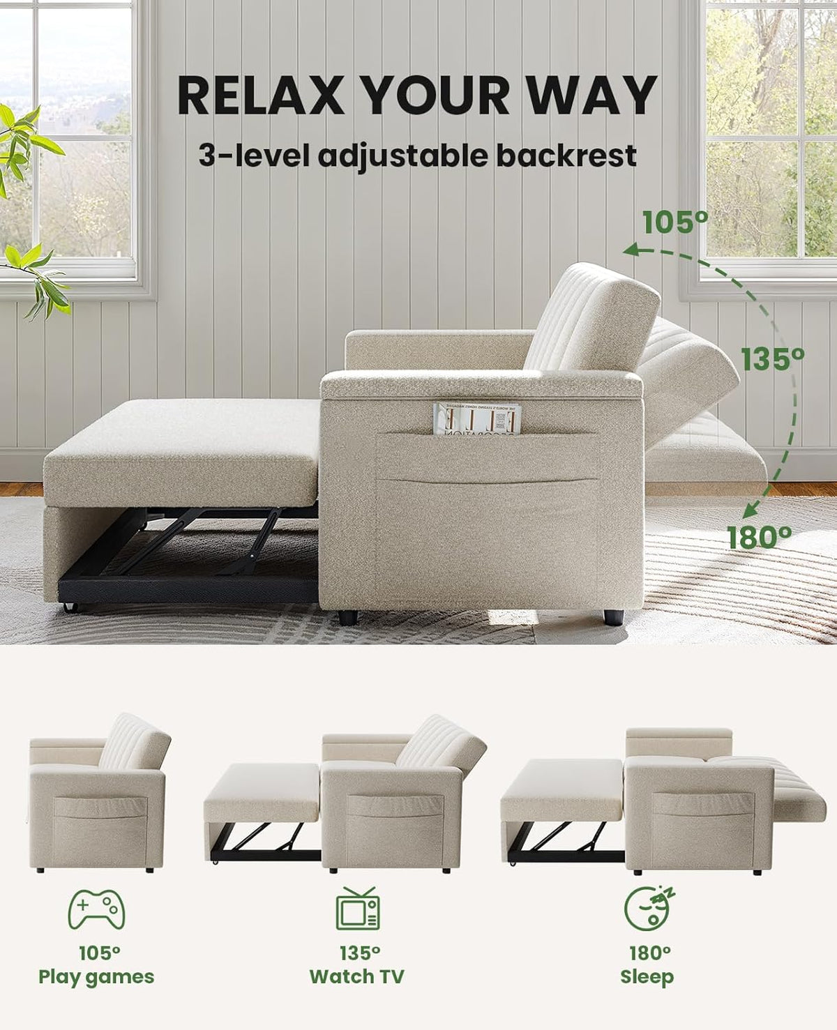 Sofa Bed 3-in-1 Convertible Sleeper Sofa