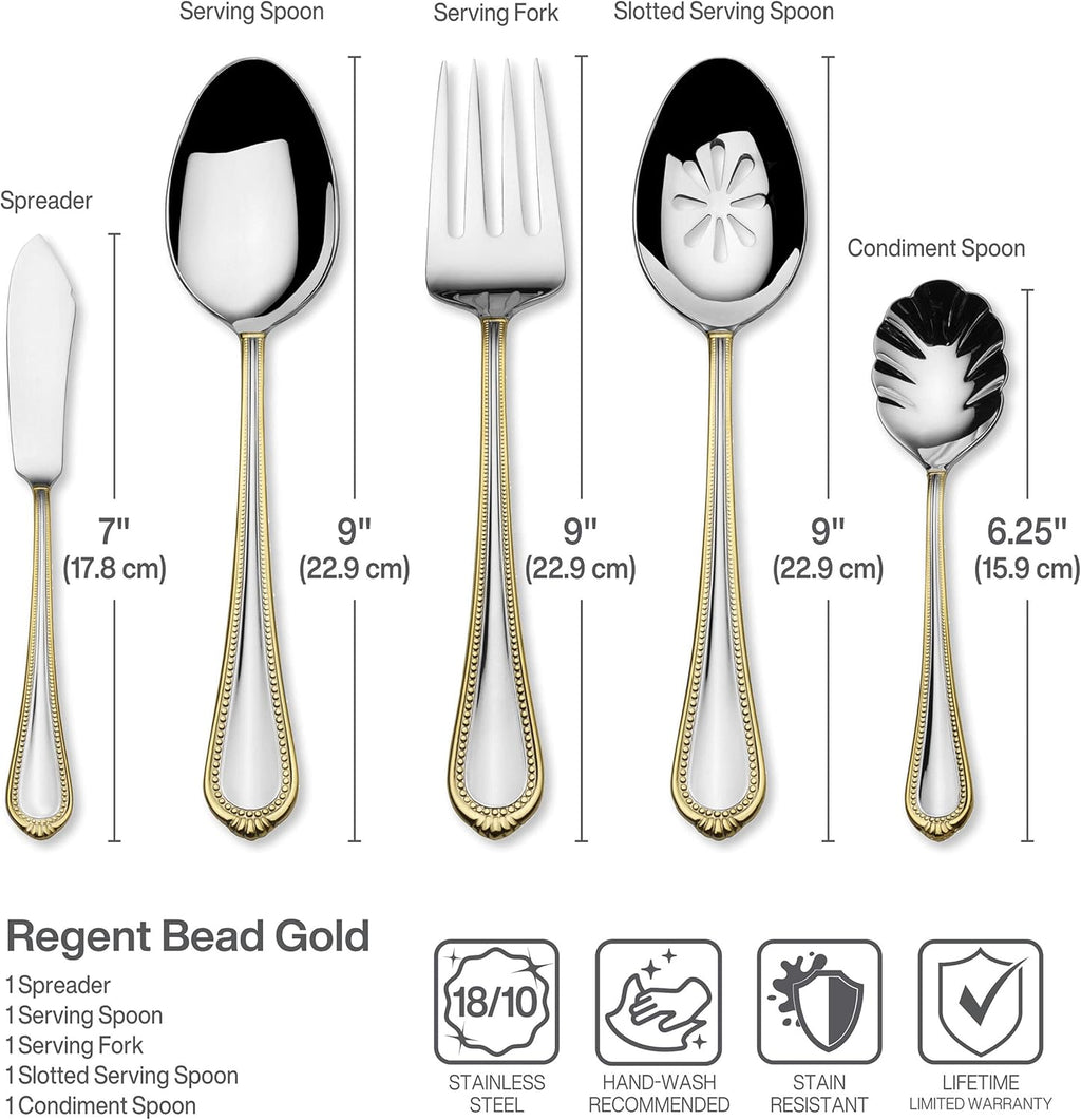 Mikasa, Gold Accent Regent Bead Flatware Service for 12, 65 Piece Set, 18/10 Stainless Steel, Silverware Set with Serving Utensils