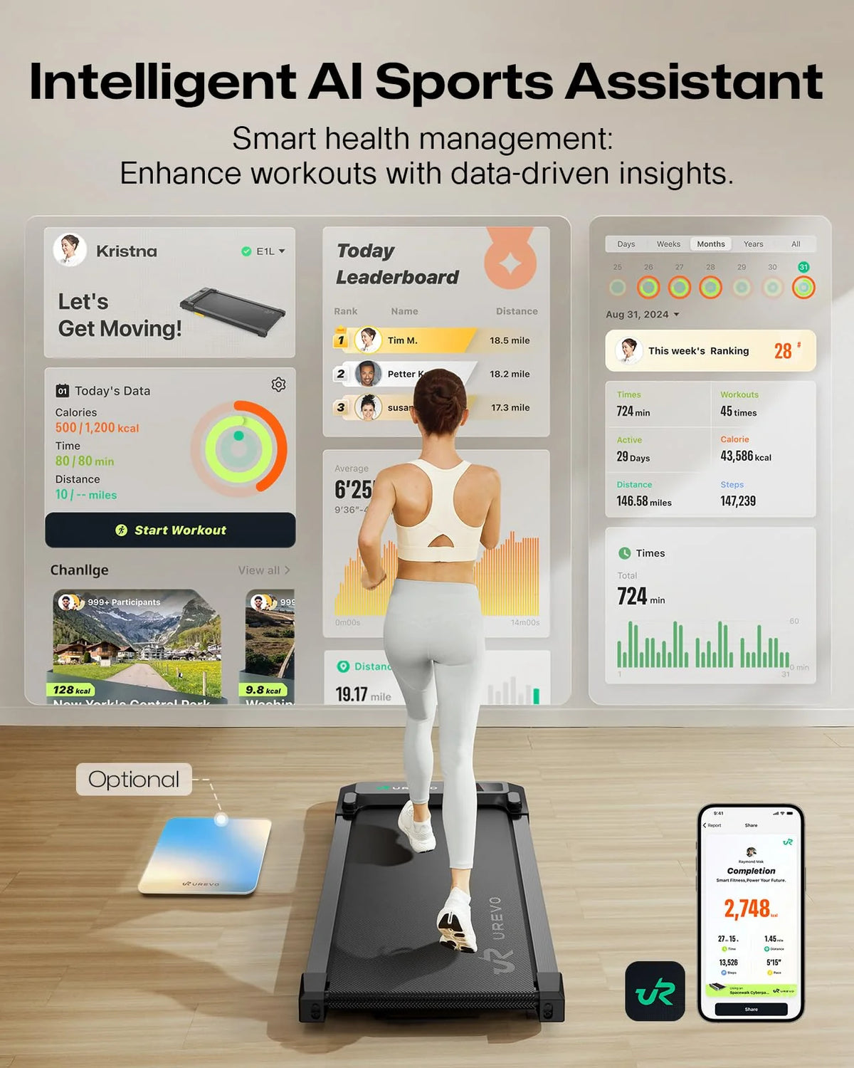 UREVO Smart Walking Pad, Compact Under Desk Treadmill
