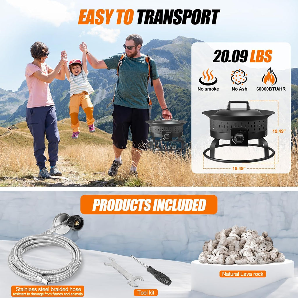 GasBRUH 19″ Outdoor Portable Propane Fire Pit with Cover&Carry Kit,Outdoor Fireplace,60,000 BTU Camping Propane Firepit,Portable Gas Fire Pits for Outside Patio,Camping,RV,Smokeless Gas Firebowl