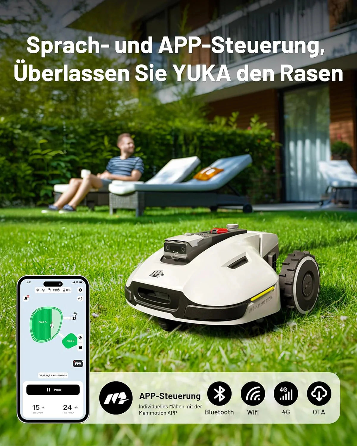 YUKA Mini 500H Robot Lawn Mower Reception 0.12 Acre, Max. 0.17 Acre, Ultrasense AI Vision+ RTK Positioning, Auto Mapping, App Control,45% Slope, Cutting Height 2''~3.5'', 3 Mowing Zones