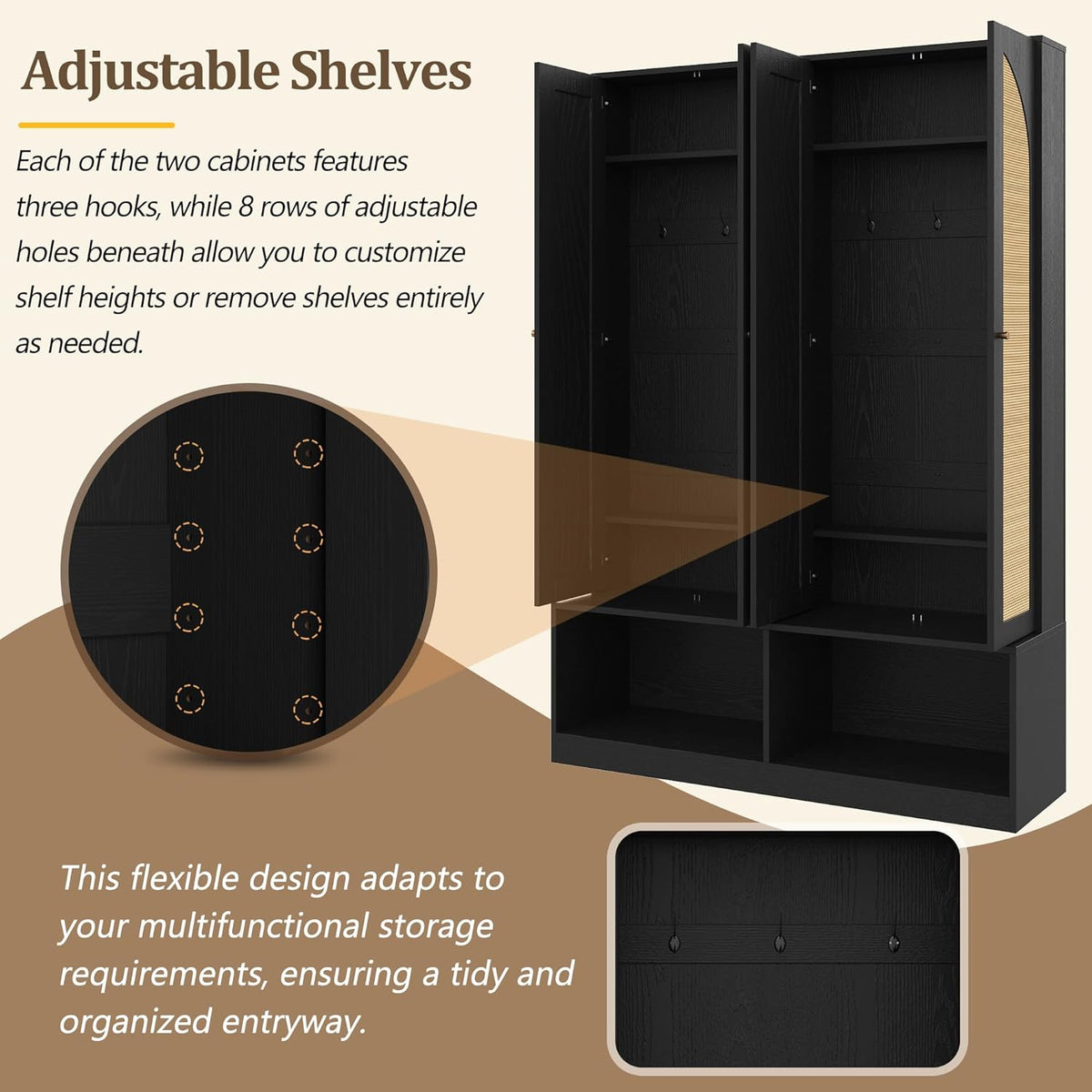 Farmhouse Widen Hall Tree with 4 Rattan Doors, Versatile 4-in-1 Coat Hanger with 6 Hooks, Mid-Century Entryway Shoe Cabinet with Adjustable Shelf for Living Room Hallway (Black-W)