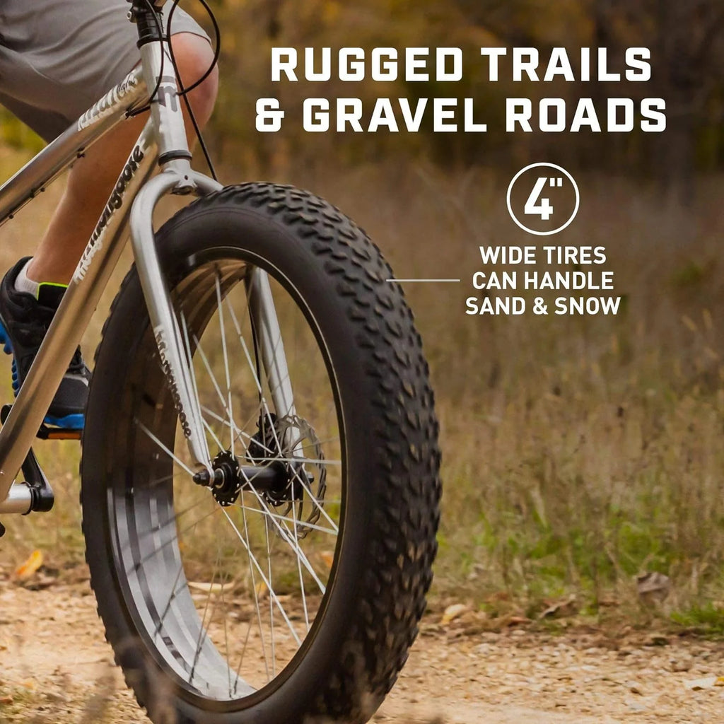 Mongoose Malus Mens and Women Fat Tire Mountain Bike, 26-Inch Bicycle Wheels, 4-Inch Wide Knobby Tires, Steel Frame, 7 Speed Drivetrain, Shimano Rear Derailleur, Disc Brakes