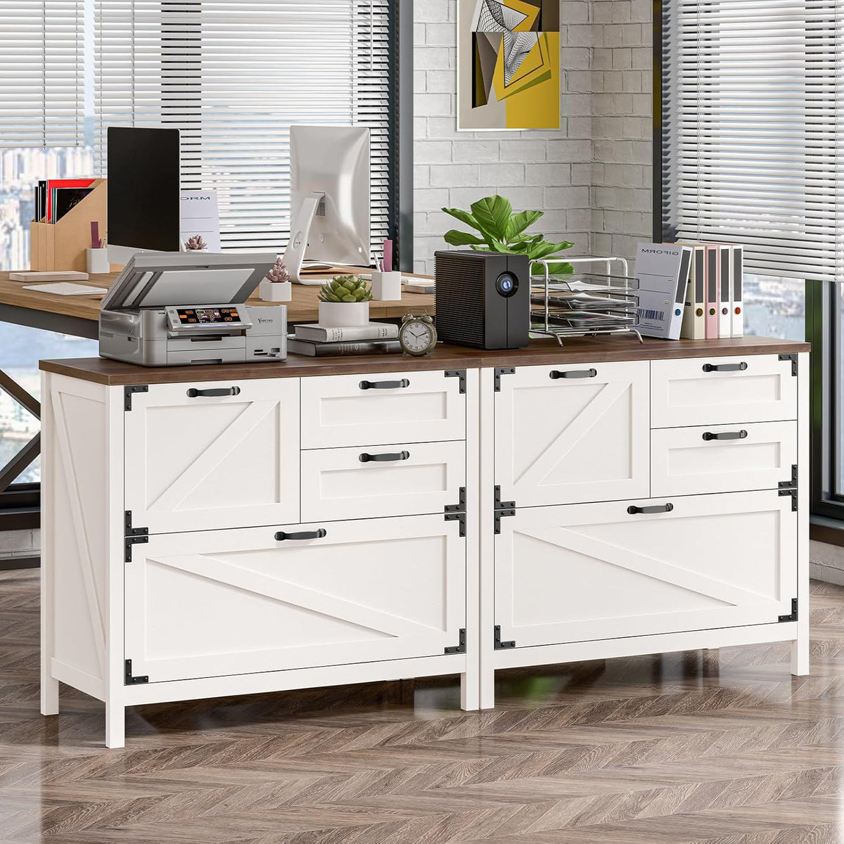 Wood Lateral File Cabinet with 4-Drawer for Hanging Files Letter/A4/Legal Size, Large Farmhouse Filing Cabinets for Home Office, Printer Stand with Office Cabinet, Office Furniture, White and Brown