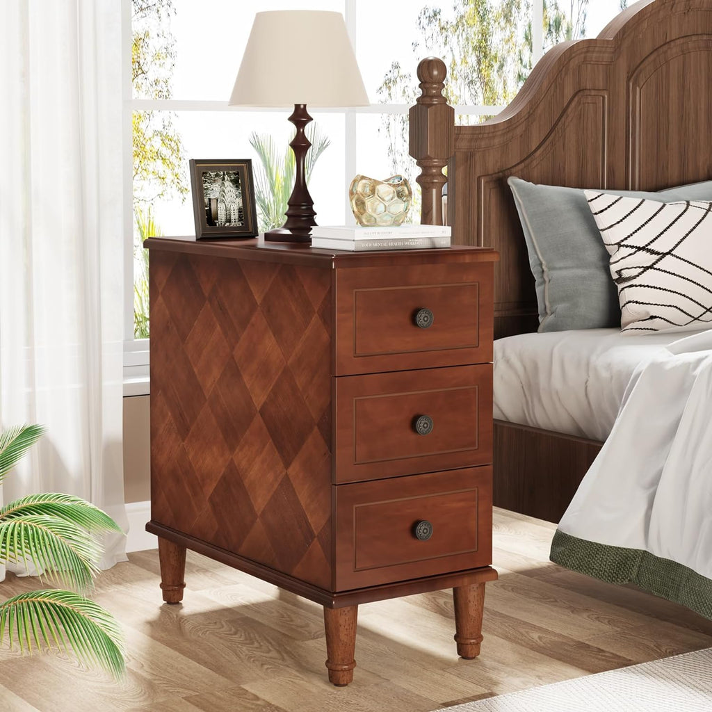 Tribesigns Solid Wood End Table, Fully Assembled Narrow Side Table with Drawers, Pre-Assembled Nightstand Slim Bedside Table for Small Spaces, Living Room, Bedroom, Brown