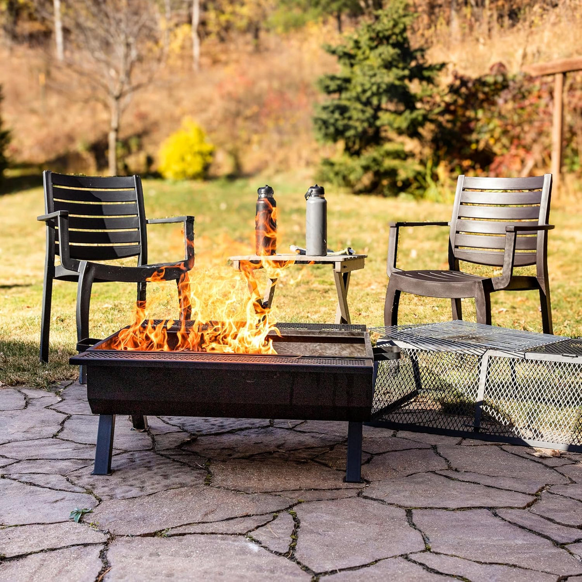 Sunnydaze 36-Inch Steel Outdoor Fire Pit with Grill and Spark Screen - PVC Protective Cover - Heat-Resistant Finish - Black
