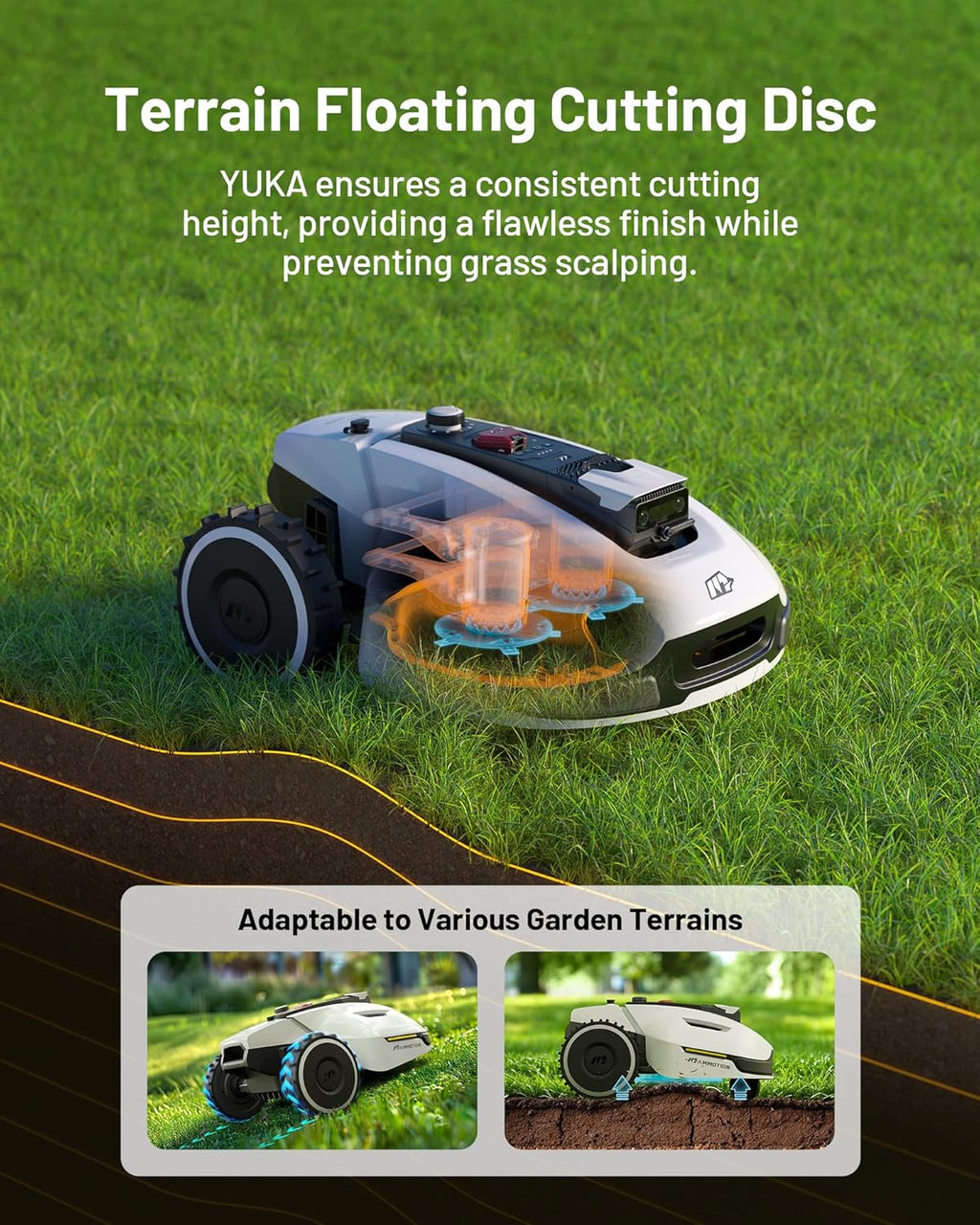 YUKA Mini 500H Robot Lawn Mower Reception 0.12 Acre, Max. 0.17 Acre, Ultrasense AI Vision+ RTK Positioning, Auto Mapping, App Control,45% Slope, Cutting Height 2''~3.5'', 3 Mowing Zones