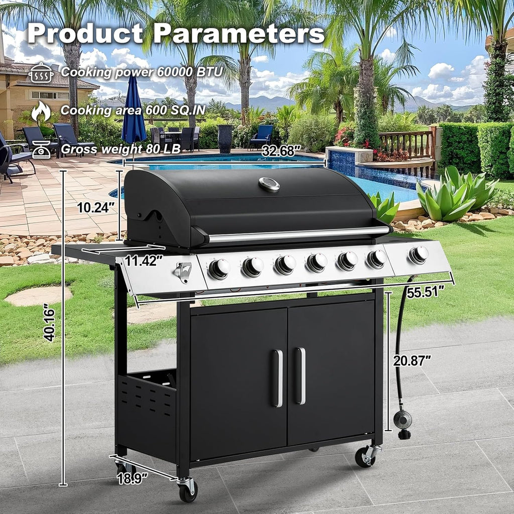 Upgraded 4 Burner BBQ Propane Gas Grill with Cast Iron Grates & Side Stove, 44,000 BTU Stainless Steel Burner Barbecue Grill for Patio, Camping, Outdoor Cooking MELLCOM