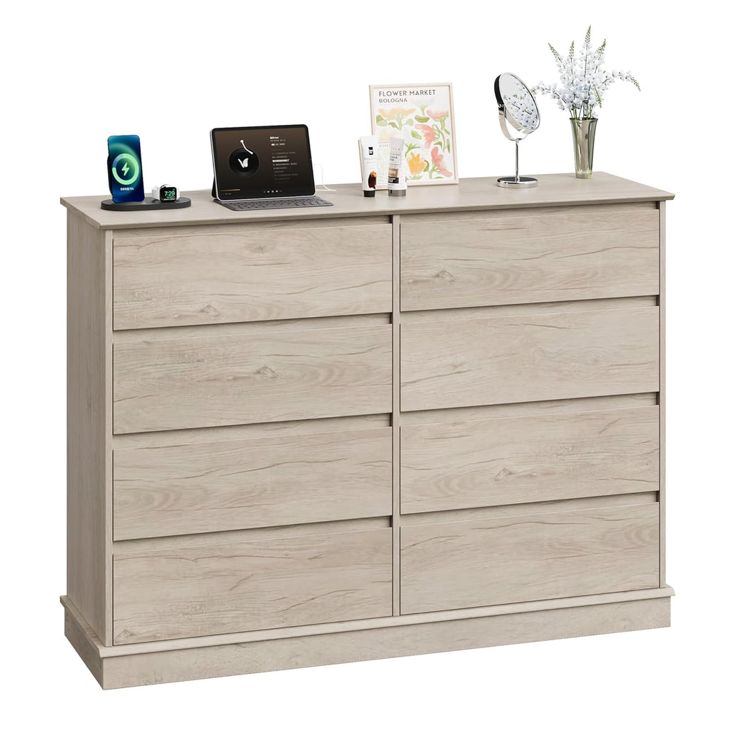 GarveeHome 8 Drawer Dressers for Bedroom, Chest of Drawers with Deep Drawers, Large Double Dresser for Closet with Wide Top, Horizontal Wooden Dresser for Living Room, Hallway, Kids Room, Oak