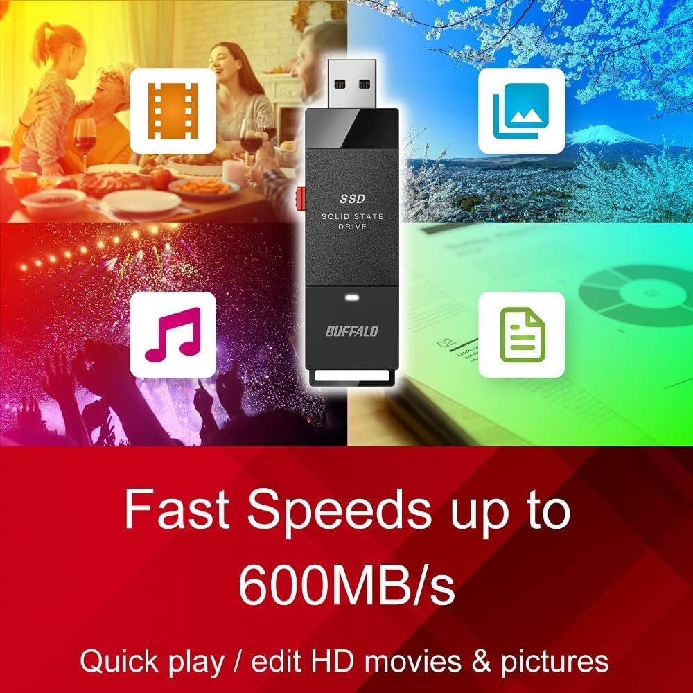 BUFFALO External SSD 1TB - Up to 600MB/s - USB-C - USB-A - USB 3.2 Gen 2 (Compatible with PS4 / PS5 / Windows/Mac) - External Solid State Drive Stick - ‎‎SSD-PUT1.0U3B