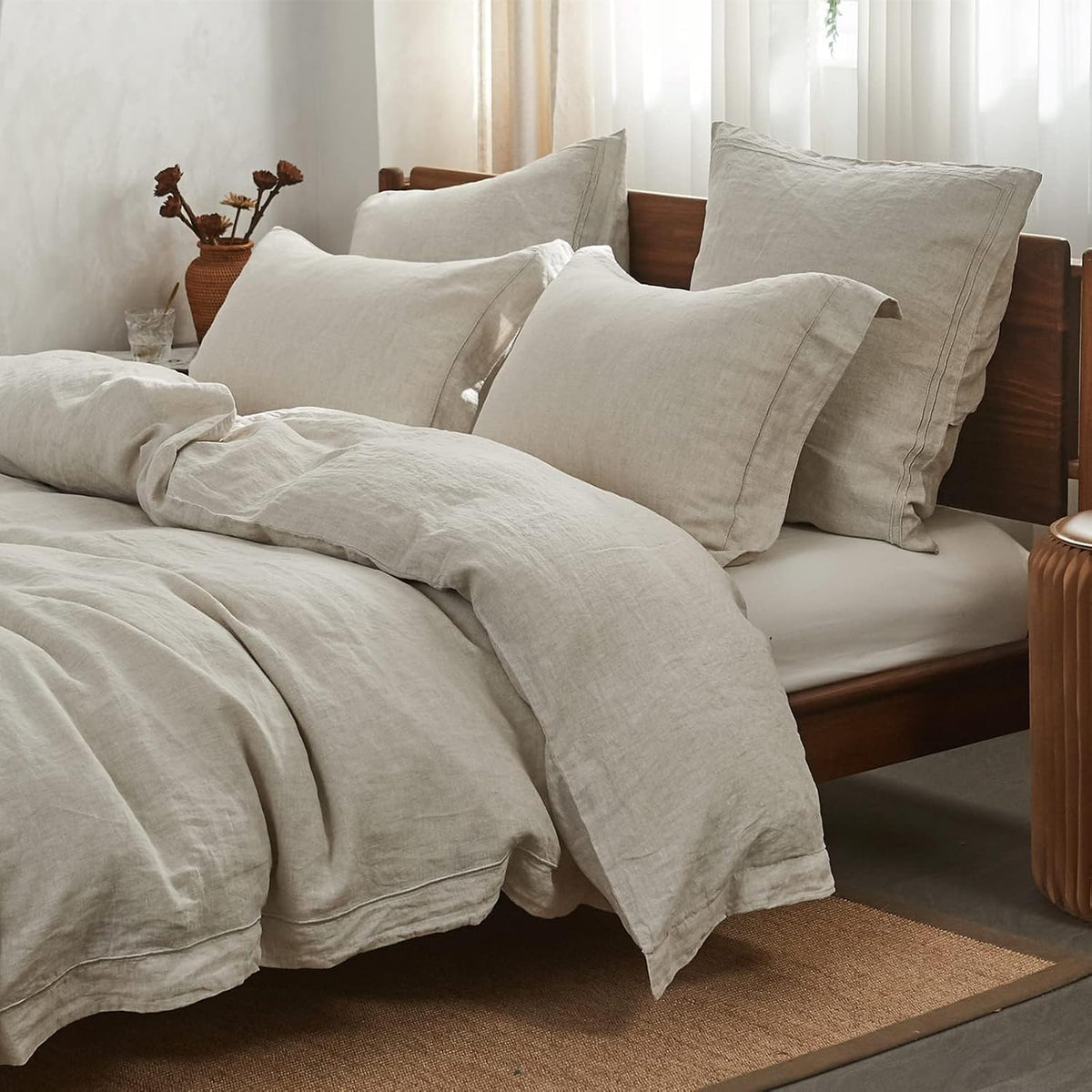 Simple&Opulence 100% French Flax Linen Duvet Cover Set with Embroidery Washed - 3 Pieces (1 Duvet Cover with 2 Pillow Shams) with Button Closure Soft Breathable Farmhouse - Linen, King Size