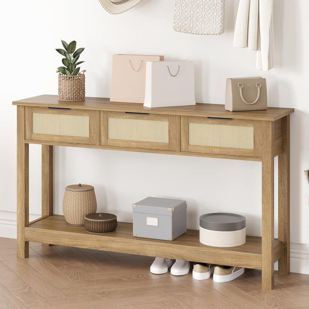 Luoxiao Rattan Console Table Boho Entryway Table with 3 Drawers Storage, Narrow Long Behind Couch Sofa Table for Living Room Side Table Entry Way Table Entrance Hallway Foyer, Natural, 47 Inch