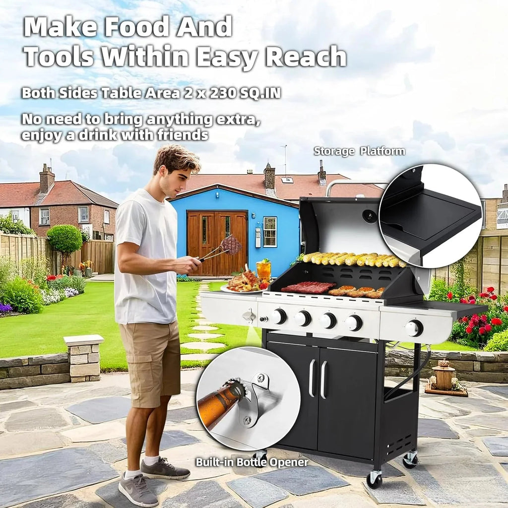 Upgraded 4 Burner BBQ Propane Gas Grill with Cast Iron Grates & Side Stove, 44,000 BTU Stainless Steel Burner Barbecue Grill for Patio, Camping, Outdoor Cooking MELLCOM