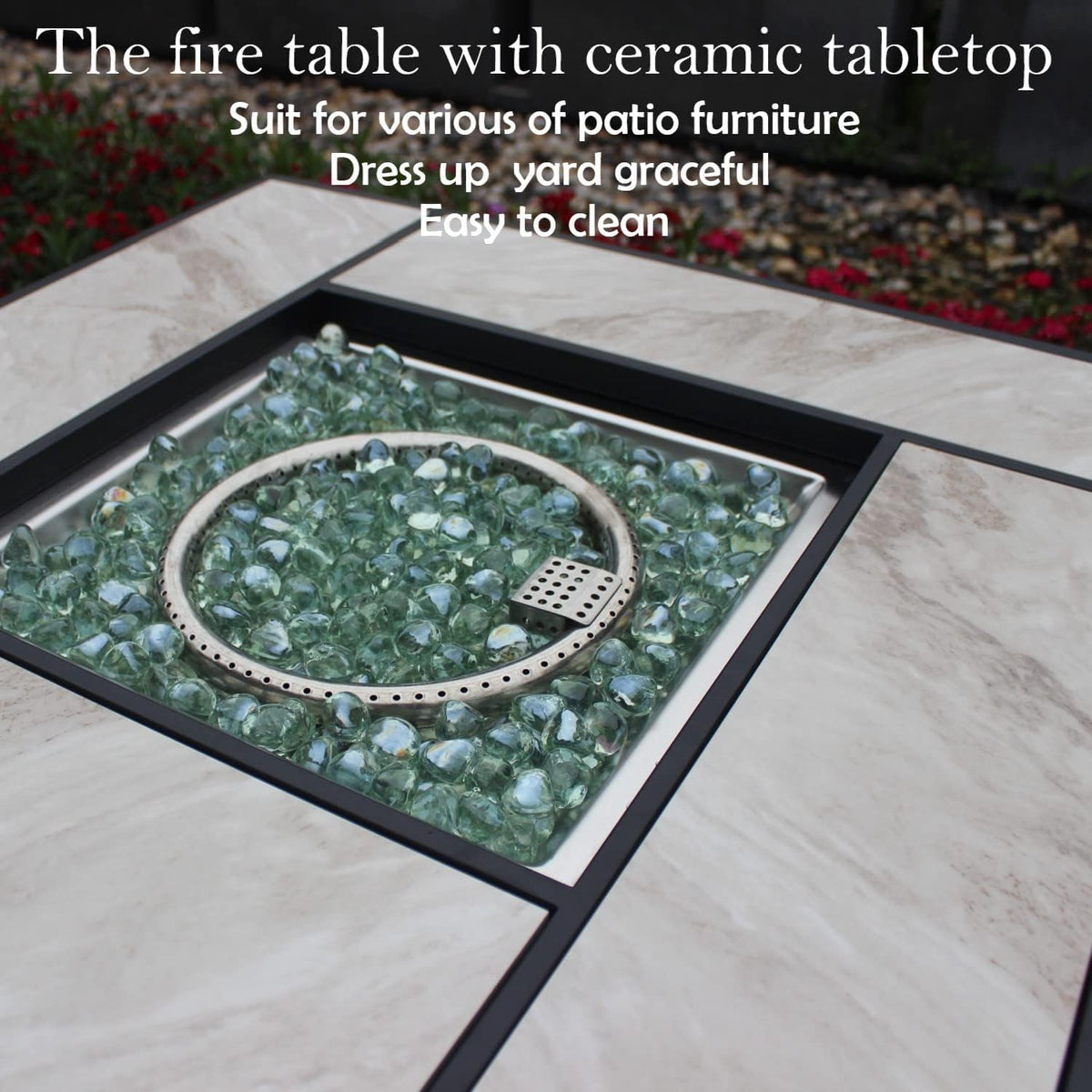 OutVue 30" Propane Fire Pit with Real Ceramic Tabletop, 50000 BTU Gas Firepit Table with Lid & Glass Rock, Outdoor Fire Pit for Dining or Party, Firepit for Outside, Patio, Garden, Yard