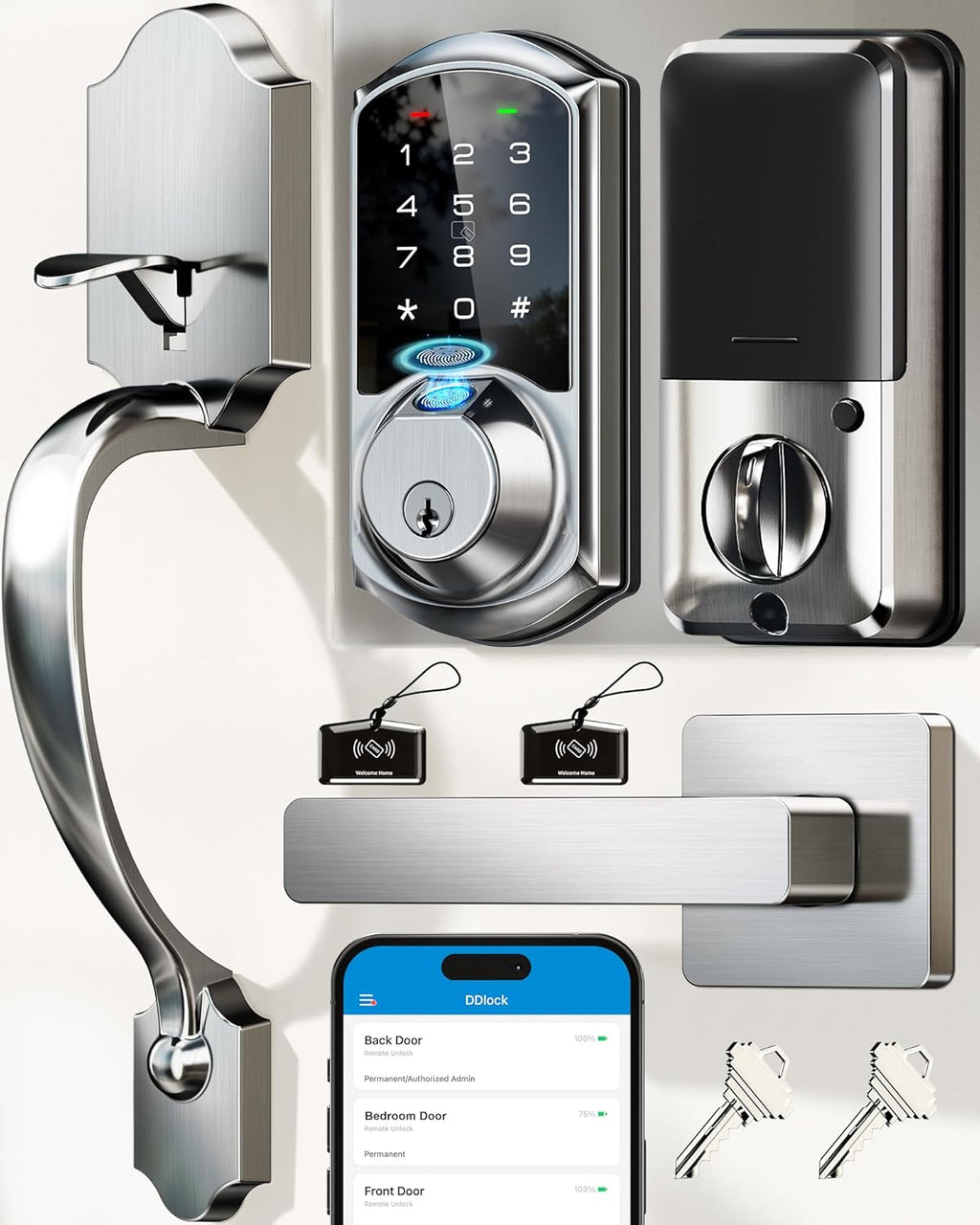 Veise VE07-H Fingerprint Smart Locks for Front Door with Handle Set, App Control, Keyless Entry Keypad Deadbolt, Digital Electronic Touchscreen, Easy Install, Auto Lock, Satin Nickel