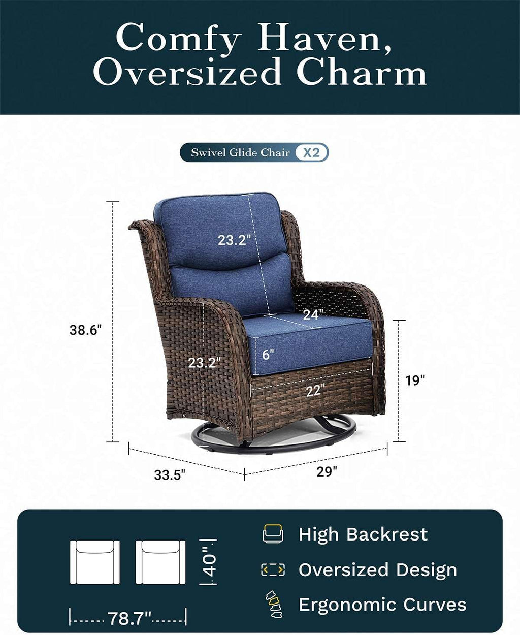Outdoor Swivel Rocker Patio Chairs with 6-Inch Thick Cushions and Side Table, 3PCS High Back Wicker Patio Furniture Set for Porch, Balcony, Deck and Yard in Blue