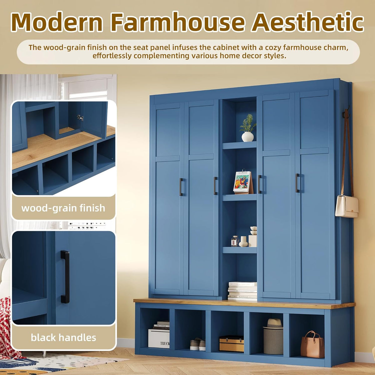 Modern 63'' Wide Hall Tree with 6 Hidden Hanging Hooks, Brown Wood Grain Minimalist Shoe Cabinet with Open Compartments, Entryway Coat Rack for Living Room Hallway (Blue-4.23)
