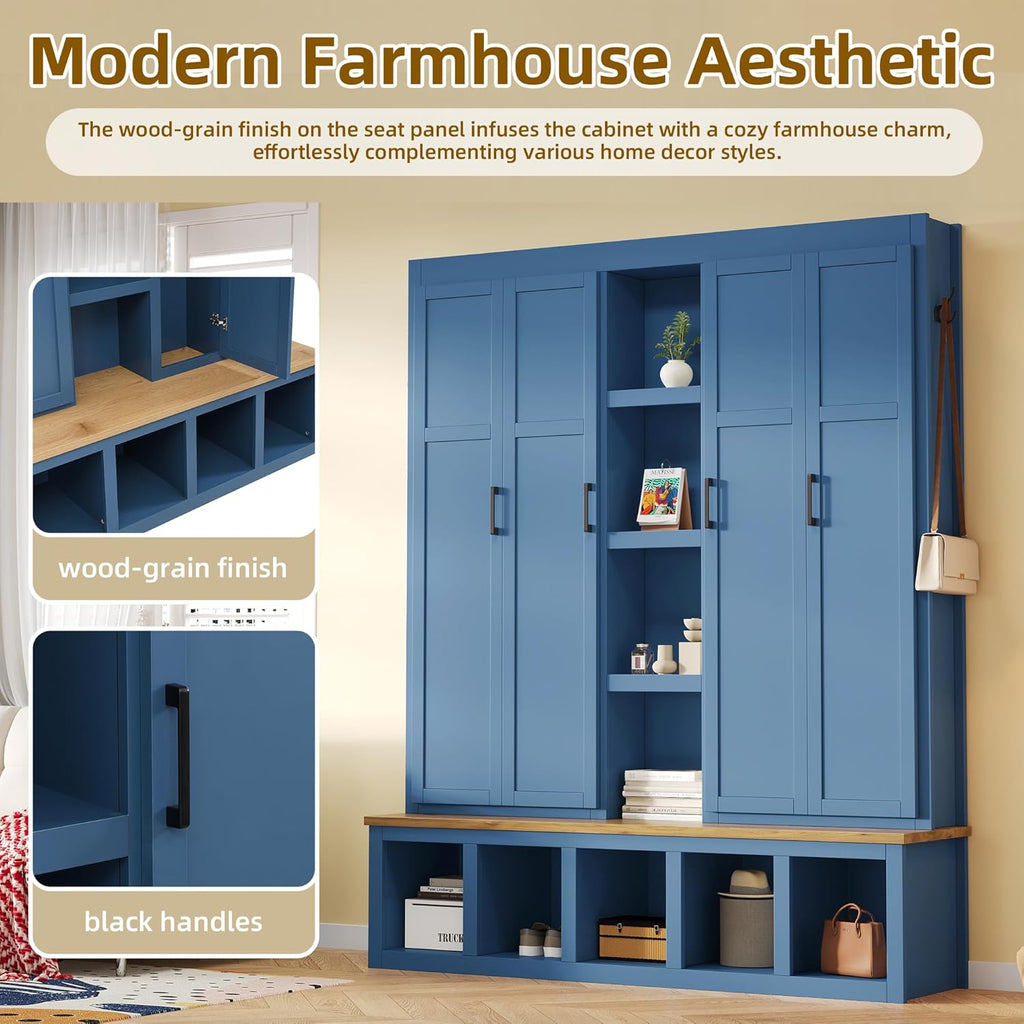 Merax Modern Farmhouse Hall Tree with Bench, 4-in-1 Entryway Storage Cabinet & Shoe Organizer with Hooks, Blue