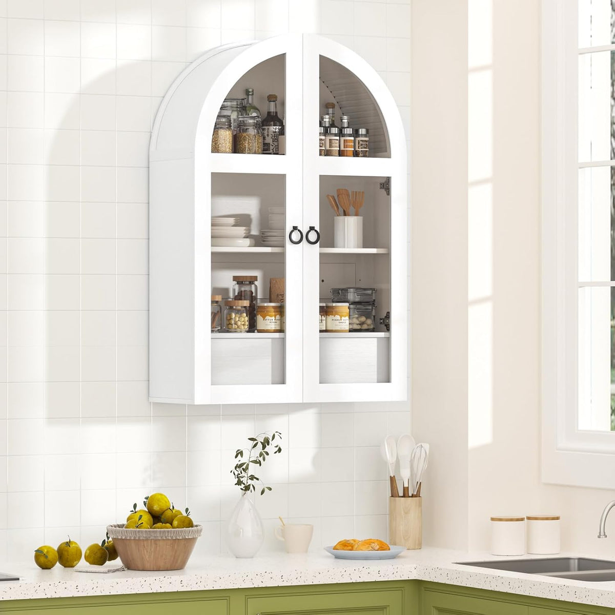 Medicine Cabinet with Tempered Glass Door, Arched Bathroom Wall Cabinet with Adjustable Shelf, for Kitchen, Living Room, Entryway, Laundry Room, Apartment, Office, Small Space, White