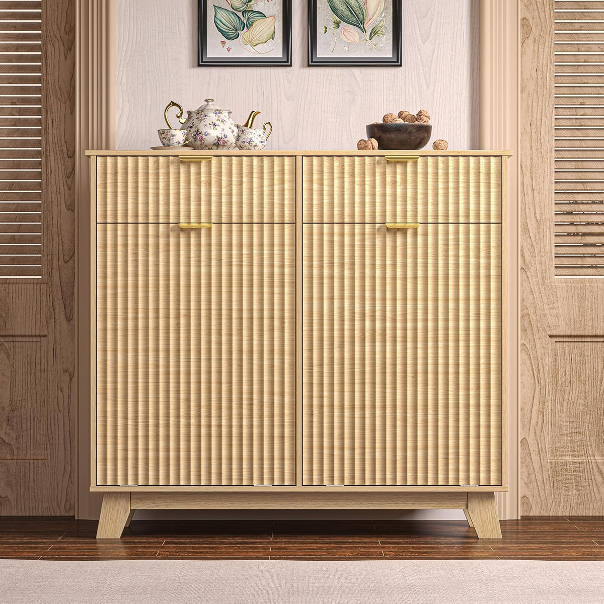 Wodeer Double Tilt Out Laundry Hamper Cabinet with 2 Drawers & Baskets, 20 Gallon Fluted Hidden Trash Can Cabinet, Farmhouse Wood Laundry Storage Cabinets for Bathroom, Kitchen, Natural