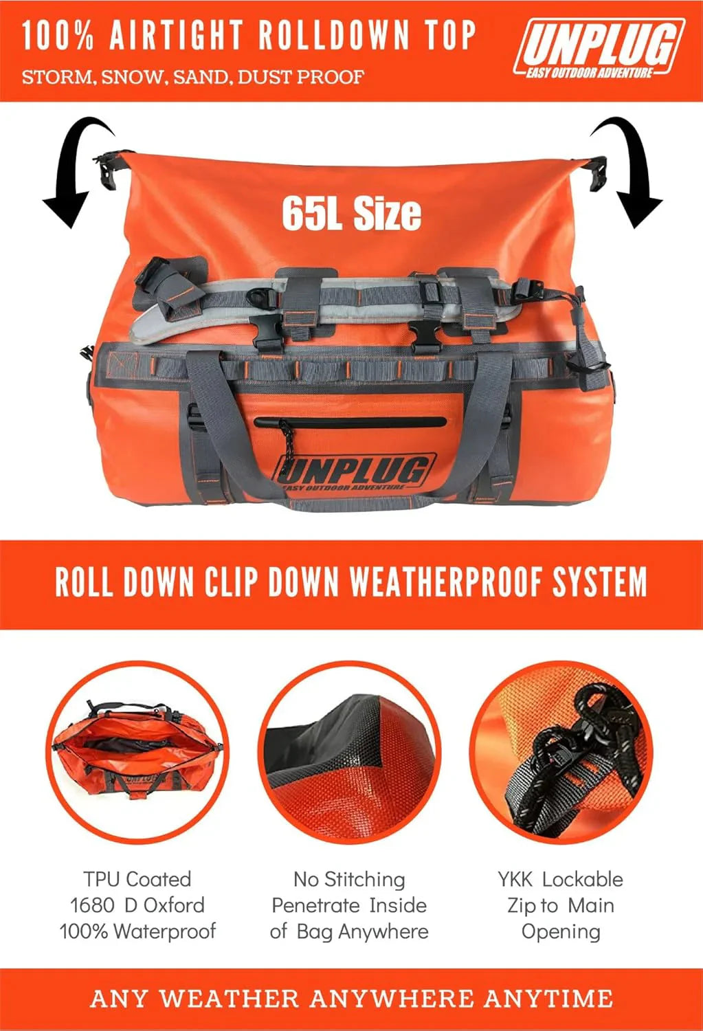 UNPLUG Ultimate Adventure Bag -1680D Heavy Duty Waterproof Travel Duffel Bags for Camping, Motorcycle Dry Bag, Waterproof Bags for Boating, Waterproof Duffle Backpack,Tactical Duffle Bag