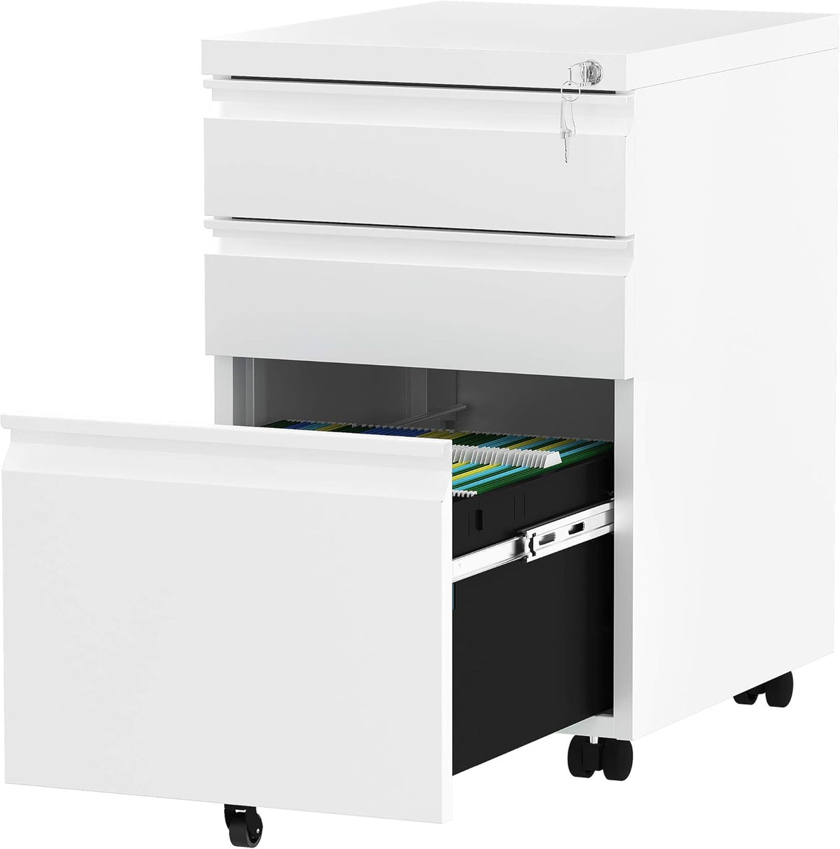 YITAHOME 3-Drawer Mobile File Cabinet with Lock, Office Storage Filing Cabinet for Legal/Letter Size, Pre-Assembled Metal File Cabinet Except Wheels Under Desk -White