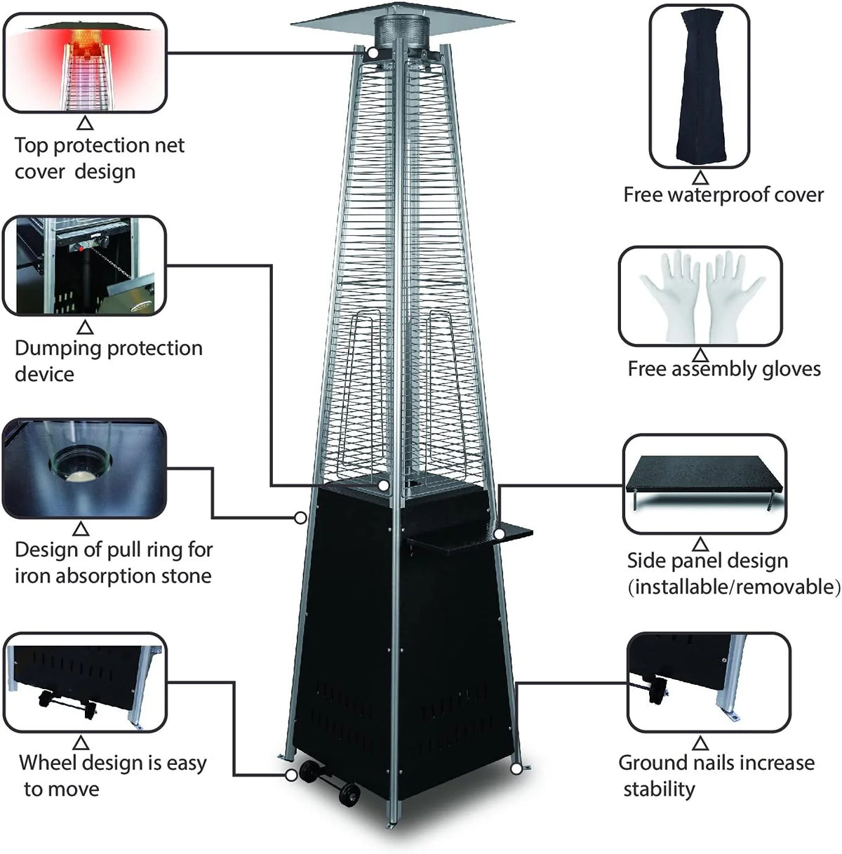 Pyramid Patio Propane Heater48,000 BTU Outdor Patio Flame Heater With Wheels,Waterproof Cover Quartz Glass Tube Propane Heater for Patio, Party, Backyard, Garden, Decoration(Bronze)