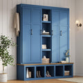 Bellemave Farmhouse 4-in-1 Hall Tree with 6 Hooks & Shoe Storage - 62.9" Wide Entryway Cabinet with Seating Bench and Open Compartments for Mudroom, Hallway, Blue