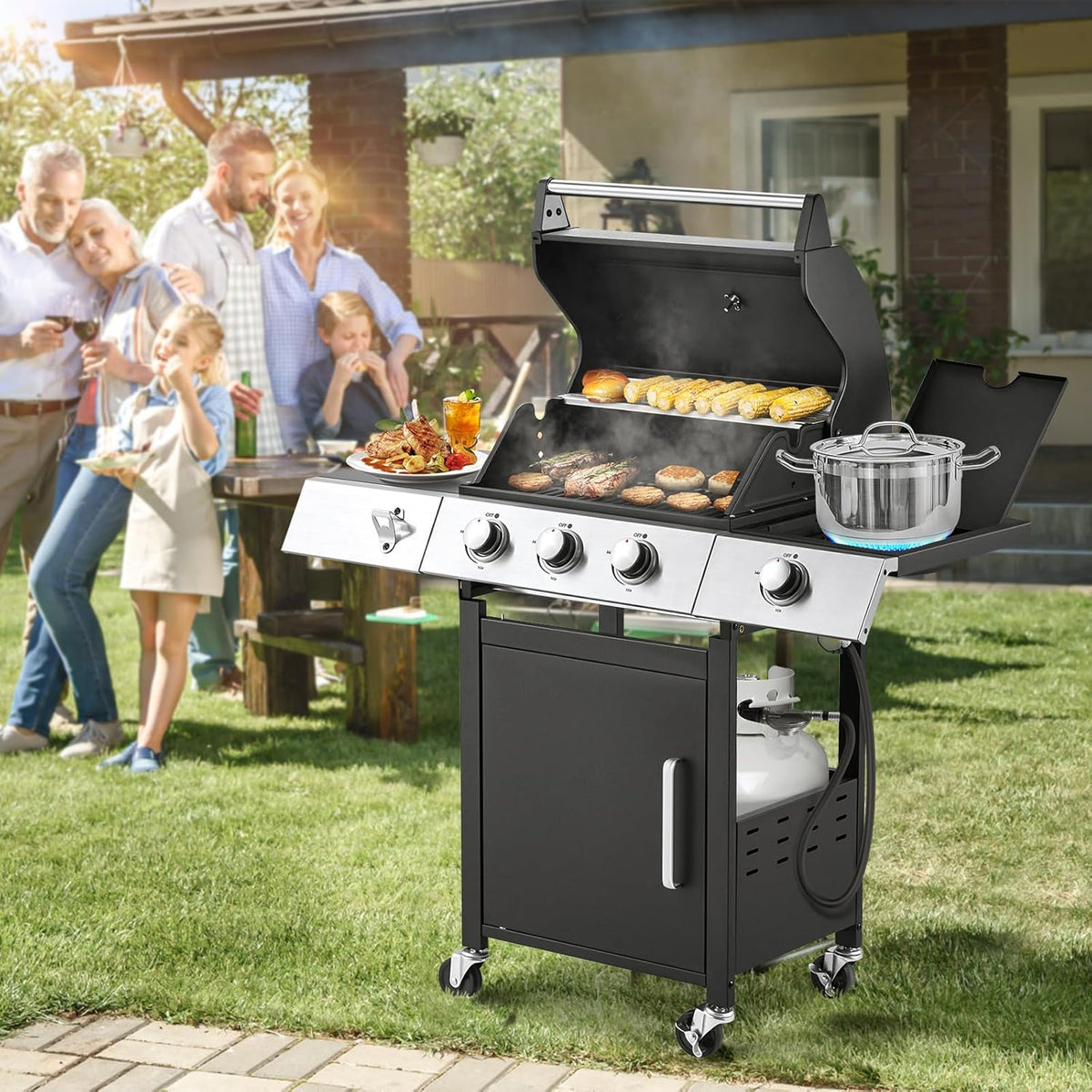 Upgraded 4 Burner BBQ Propane Gas Grill with Cast Iron Grates & Side Stove, 44,000 BTU Stainless Steel Burner Barbecue Grill for Patio, Camping, Outdoor Cooking MELLCOM