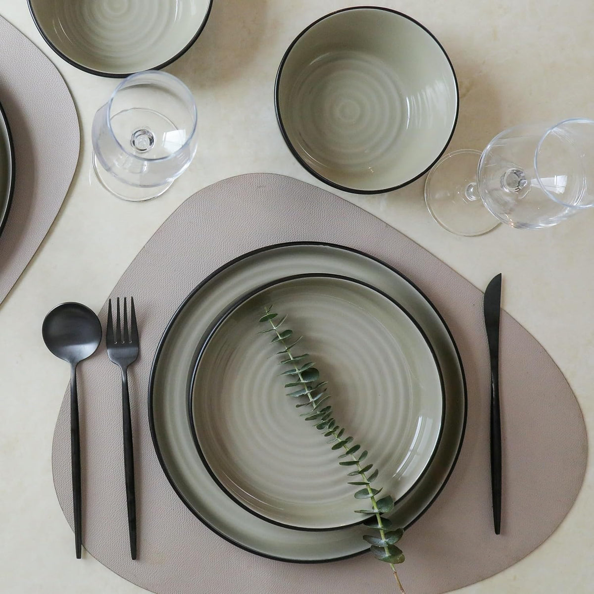 Stone Lain Elica 24-Piece Modern Dinnerware Set Stoneware, Plates and Bowl Sets for 8, Beige and Black
