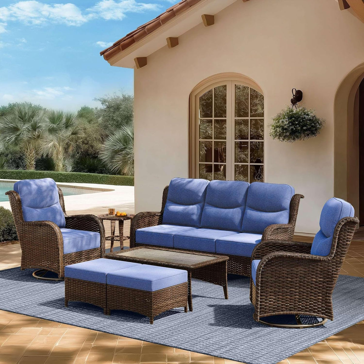Outdoor Swivel Rocker Patio Chairs with 6-Inch Thick Cushions and Side Table, 3PCS High Back Wicker Patio Furniture Set for Porch, Balcony, Deck and Yard in Blue