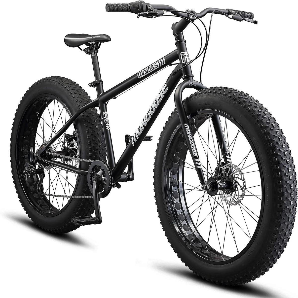 Mongoose Malus Mens and Women Fat Tire Mountain Bike, 26-Inch Bicycle Wheels, 4-Inch Wide Knobby Tires, Steel Frame, 7 Speed Drivetrain, Shimano Rear Derailleur, Disc Brakes