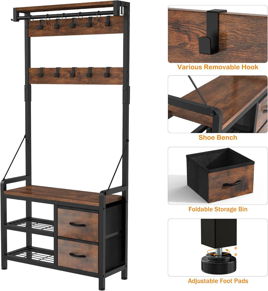 Lulive Hall Tree, 31.5” Entryway Bench with Coat Rack freestanding, 5 in 1 Intelligent Design Shoe Bench and Wall Rack 17 Hooks and Drawers (Rustic Brown)