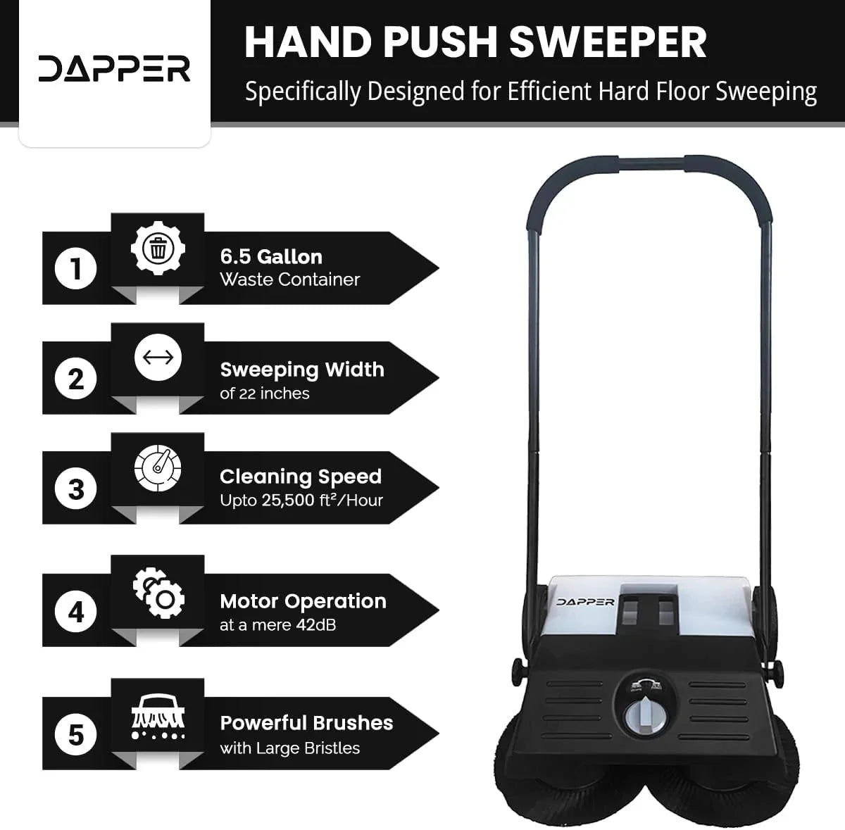 Walk-Behind Outdoor Hand Push Floor Sweeper - 5.25 Gallon Capacity - 25.5" Sweeping Width - Sweeps up to 27,900 ft² / Hour, Grey