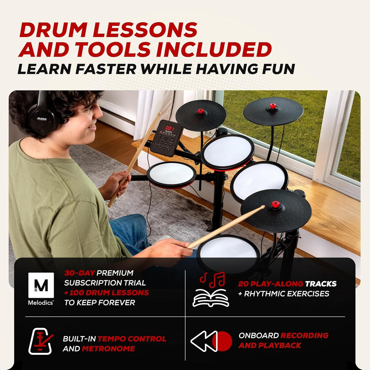 Alesis Turbo Max Electric Drum Set with Quiet 8" Mesh Pads, Lessons, Bluetooth and Accessories, Foldable