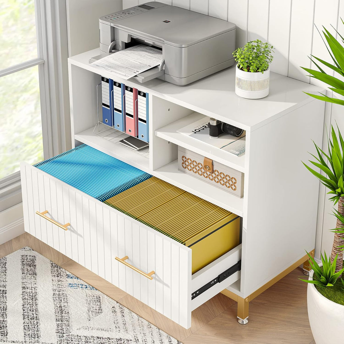 Tribesigns Lateral File Cabinet with Drawer, White Filing Cabinet for Letter/Legal/A4 Size Files, 35.4" Modern Wood File Storage Cabinets Printer Stand with Storage for Home, Office, White Gold