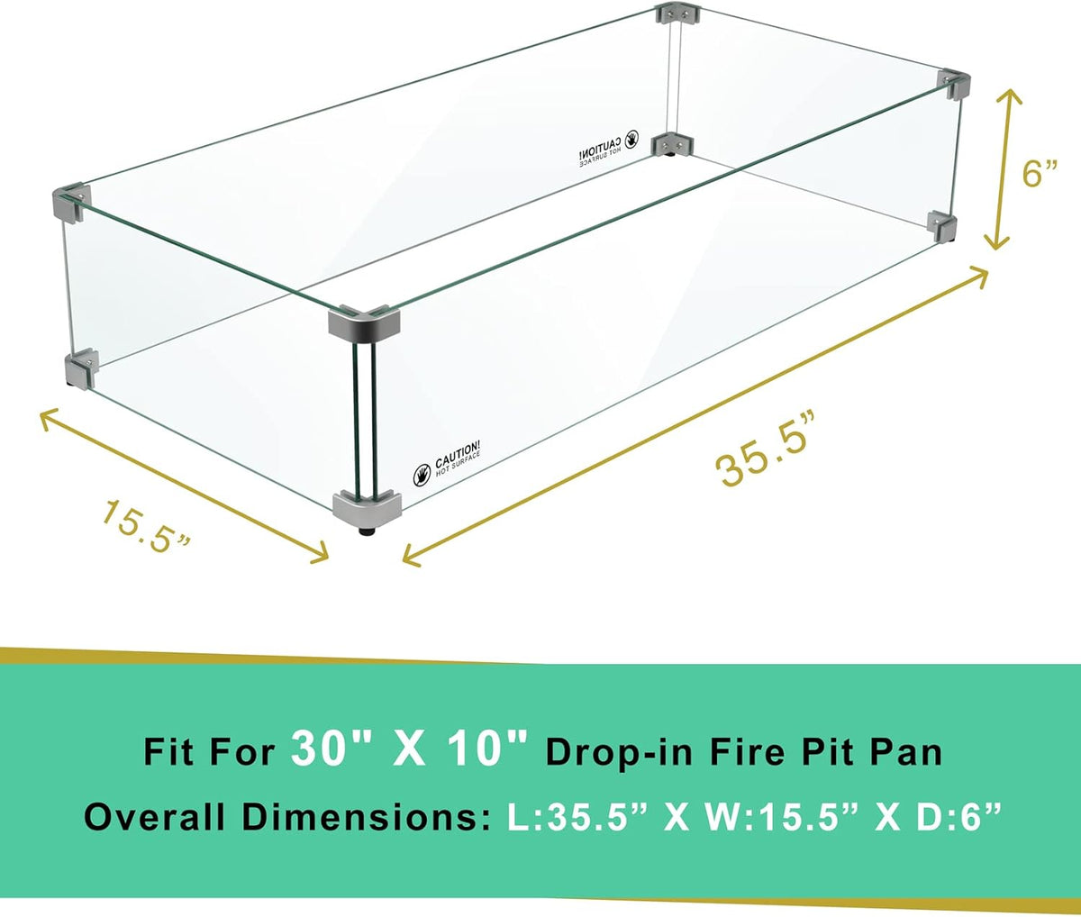 Holy Fire 35.5" L x 15.5" x 6" Rectangle Fire Pit Glass Wind Guard Clear Tempered Glass Flame Protective Pane Wind Resistant - Fits 30”x10 Fire Pit Burner Pan