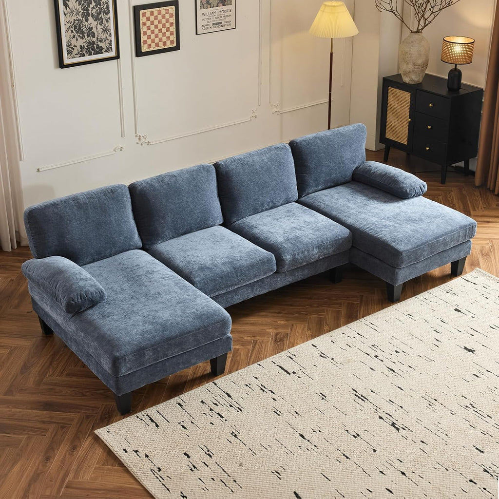 VINGLI 110" Sectional Couches for Living Room,U Shaped Couch with Double Chaise, 4-Seat Sofa Set with Chenille Fabric for Home Furniture,Beige