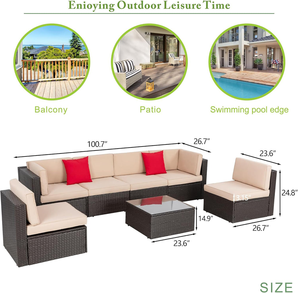 Vongrasig 8 Pieces Patio Furniture Set with 43" Fire Pit, Outdoor Couch Sectional Set, Small Conversation Set, 50,000 BTU Gas Fire Pit Propane Fire Table with Lid, Beige