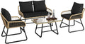 Yaheetech 4 Piece Patio Furniture Set, Outdoor Wicker Conversation Sets, Boho Loveseat & 2 Armchairs with Cushion and Pillow, Glass Top Table for Backyard, Porch, Balcony, Deck - Tan/Black