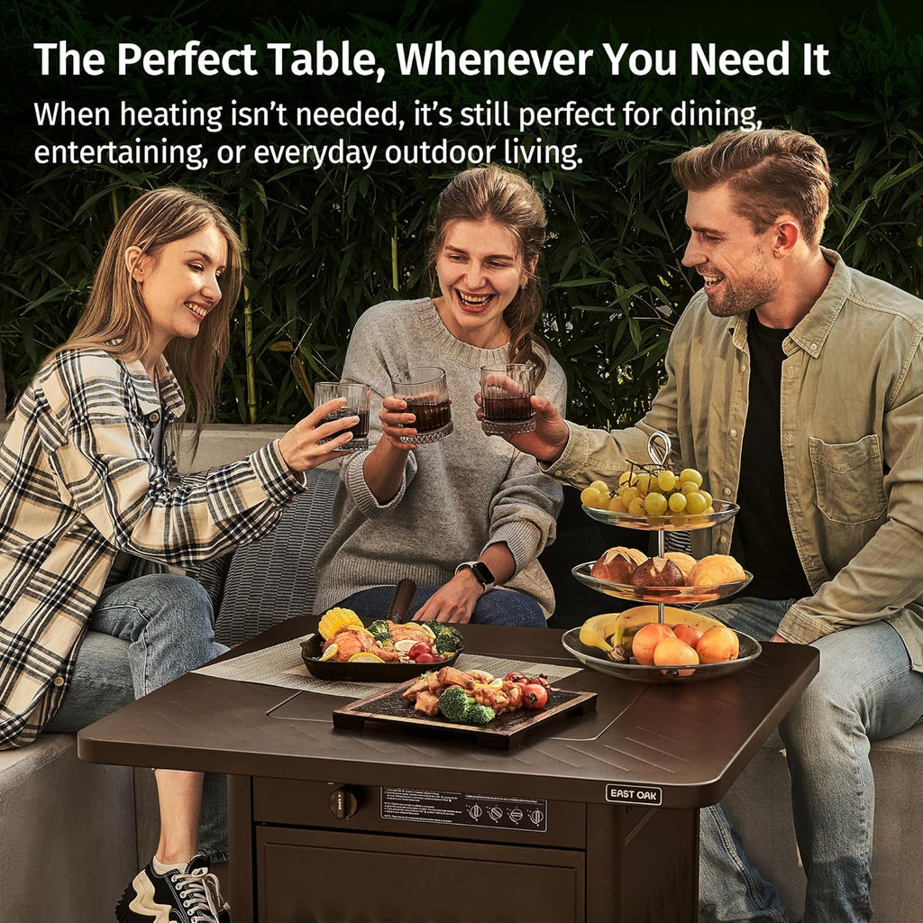 East Oak 28'' Propane Fire Pit Table, 50,000 BTU Steel Gas FirePit for Outdoor, Outside Patio Deck and Garden, CSA Certified Fire Table with Magnetic Lid, Cover-Storage Basket and Lava Rock, Brown