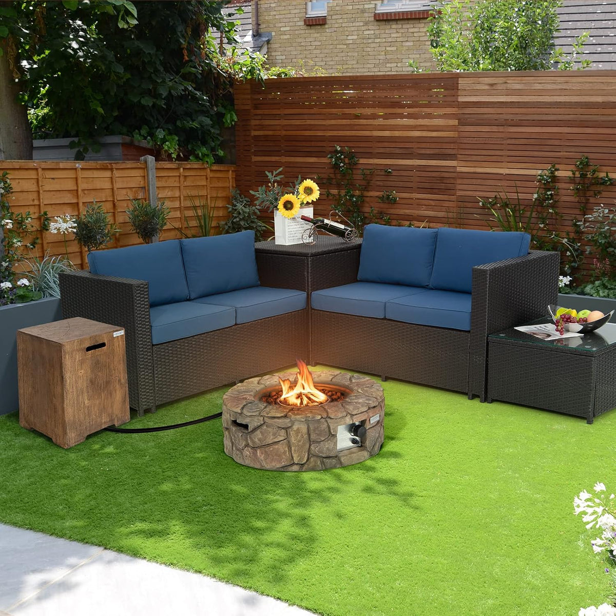 Tangkula 28 Inch Round Propane Gas Fire Pit, Patiojoy 40,000 BTU Stone Look Outdoor Propane Fire Pit with Lava Rocks & PVC Cover, Faux Stone Gas Fire Pit Table for Patio, Courtyard, Garden (Brown)