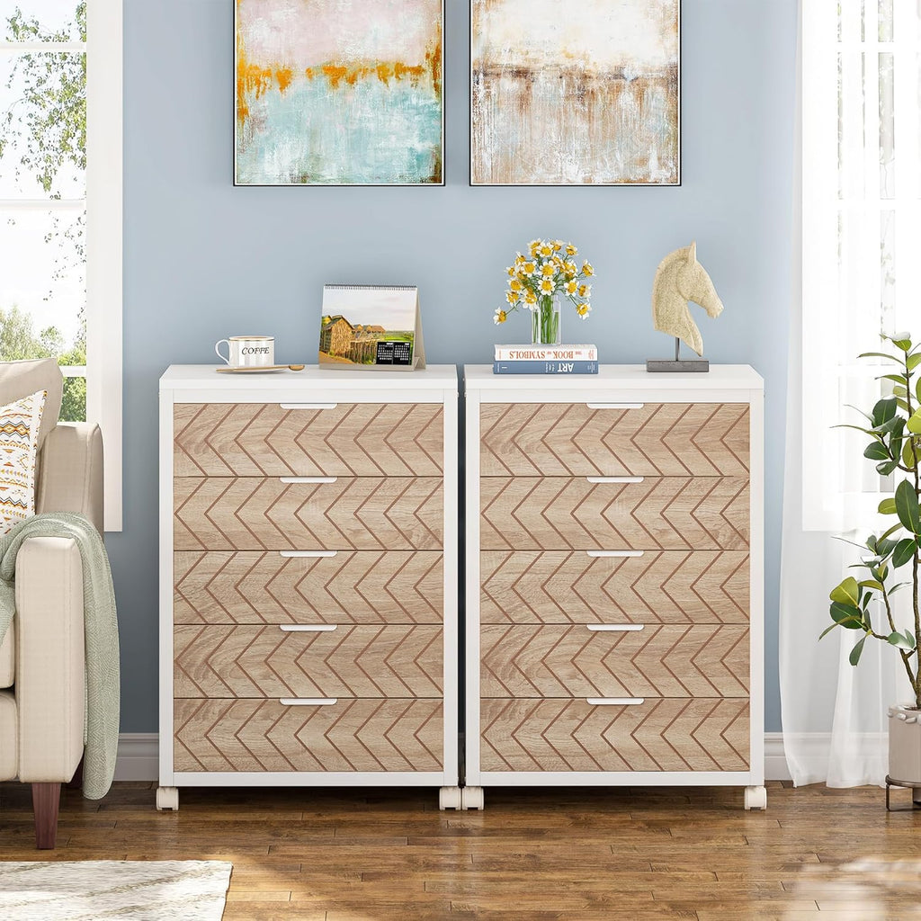 Tribesigns 5-Drawer File Cabinet, Wood Mobile Storage Drawer Unit, Industrial Office Cabinet with Drawers & Wheels, Rolling Printer Stand for Home Office, Beige & White