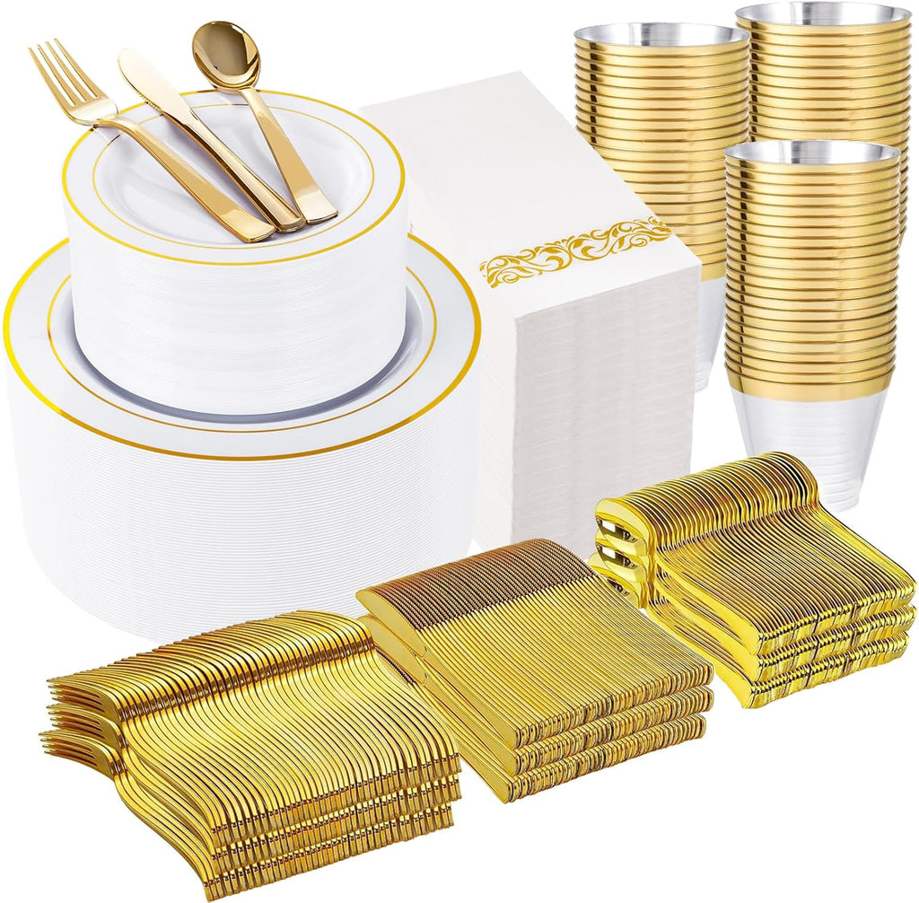 WELLIFE 700 Pieces Gold Plastic Dinnerware Set for 100 Guests - Includes Plates, Cups, Napkins, and Disposable Cutlery - Elegant White & Gold Design, Perfect for Parties and Events