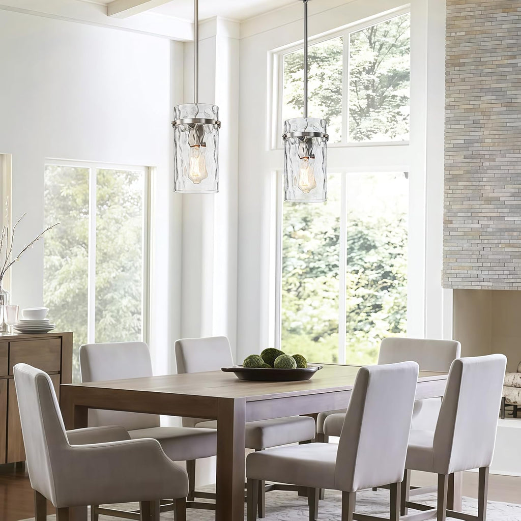5.5" Brush Nickel Hammered Glass Pendant Light Fixtures, Brushed Nickel Kitchen Pendant Lights, Modern Kitchen Island Light Dining Room Light Farmhouse Island Lights Sink 2 Pack