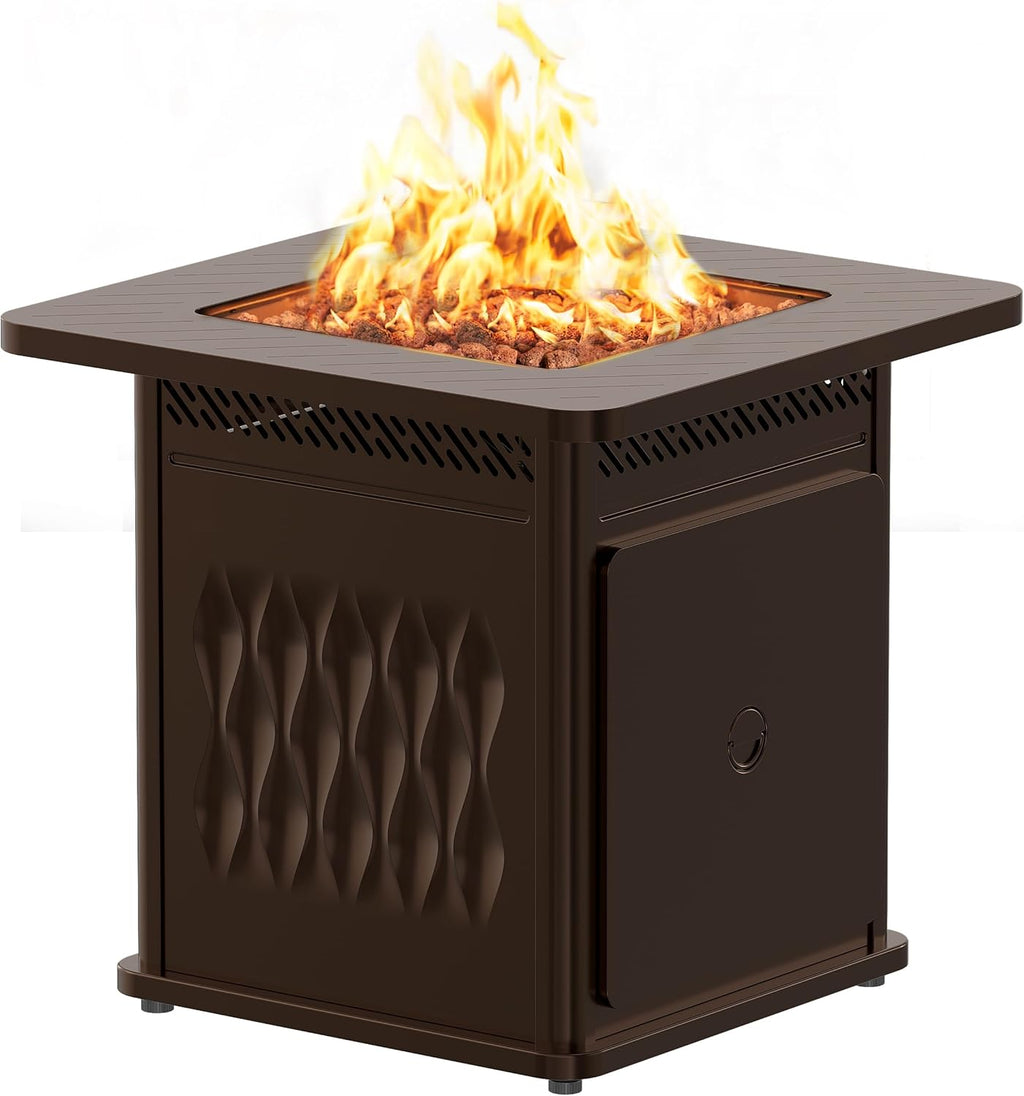 East Oak 28'' Propane Fire Pit Table, 50,000 BTU Steel Gas FirePit for Outdoor, Outside Patio Deck and Garden, CSA Certified Fire Table with Magnetic Lid, Cover-Storage Basket and Lava Rock, Brown