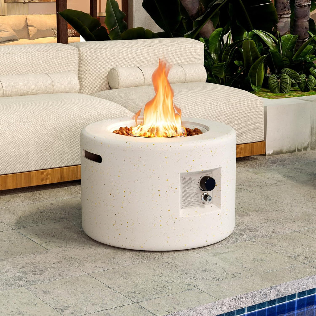 Tangkula Propane Fire Pit Table, 25.5” Round Terrazzo Gas Fire Pit with Stainless Steel Burner & Lava Rocks, Protective Cover & Tank Seat Included, 40,000 BTU Smokeless Fire Pit for Outside Patio