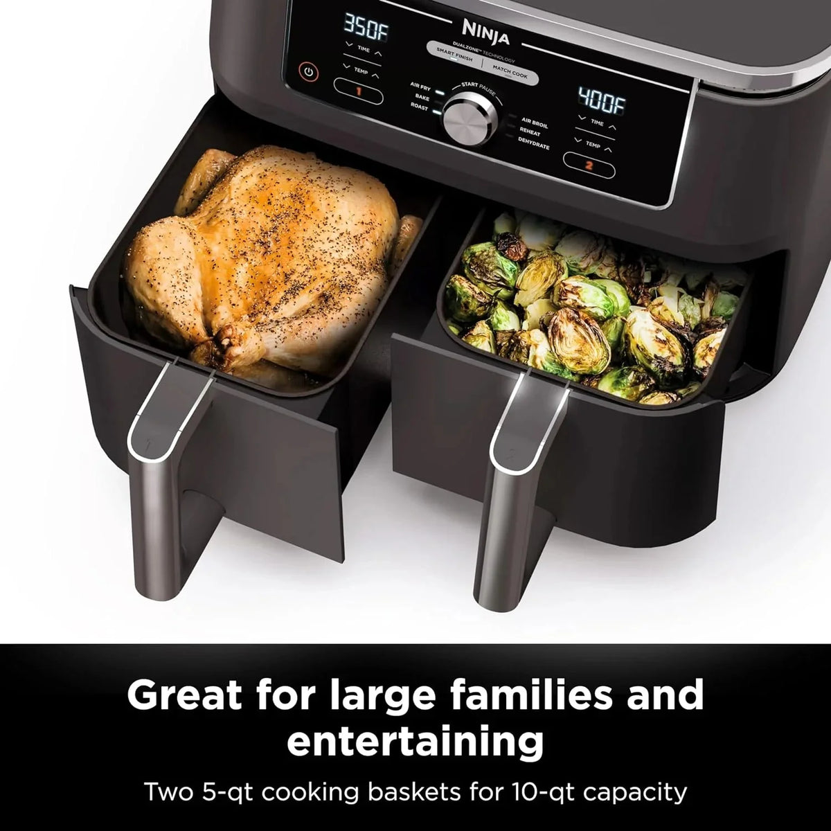 Ninja Foodi 10QT 6-in-1 DualZone Smart XL Air Fryer, 2 Independent 5QT Baskets, Smart Cook Thermometer, Match Cook, Smart Finish, Air Fry, Roast, Bake, Dehydrate, Reheat, Grey, DZ550