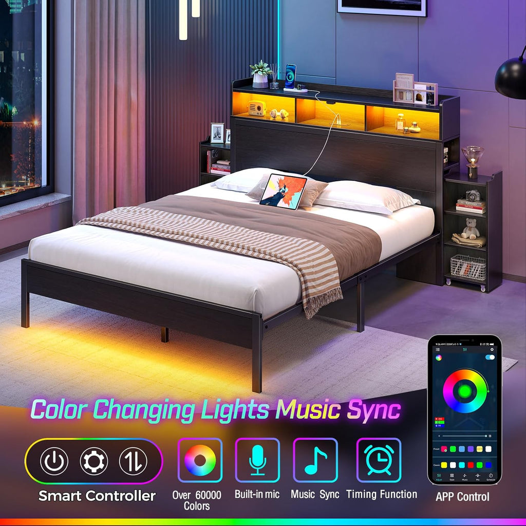 Rolanstar Bed Frame Queen Size with Bookcase Storage Headboard, Slide Out Bedside Storage, Bed with Charging Station & LED Lights, Heavy Duty Metal Slats, No Box Spring Needed, Noise Free, Black