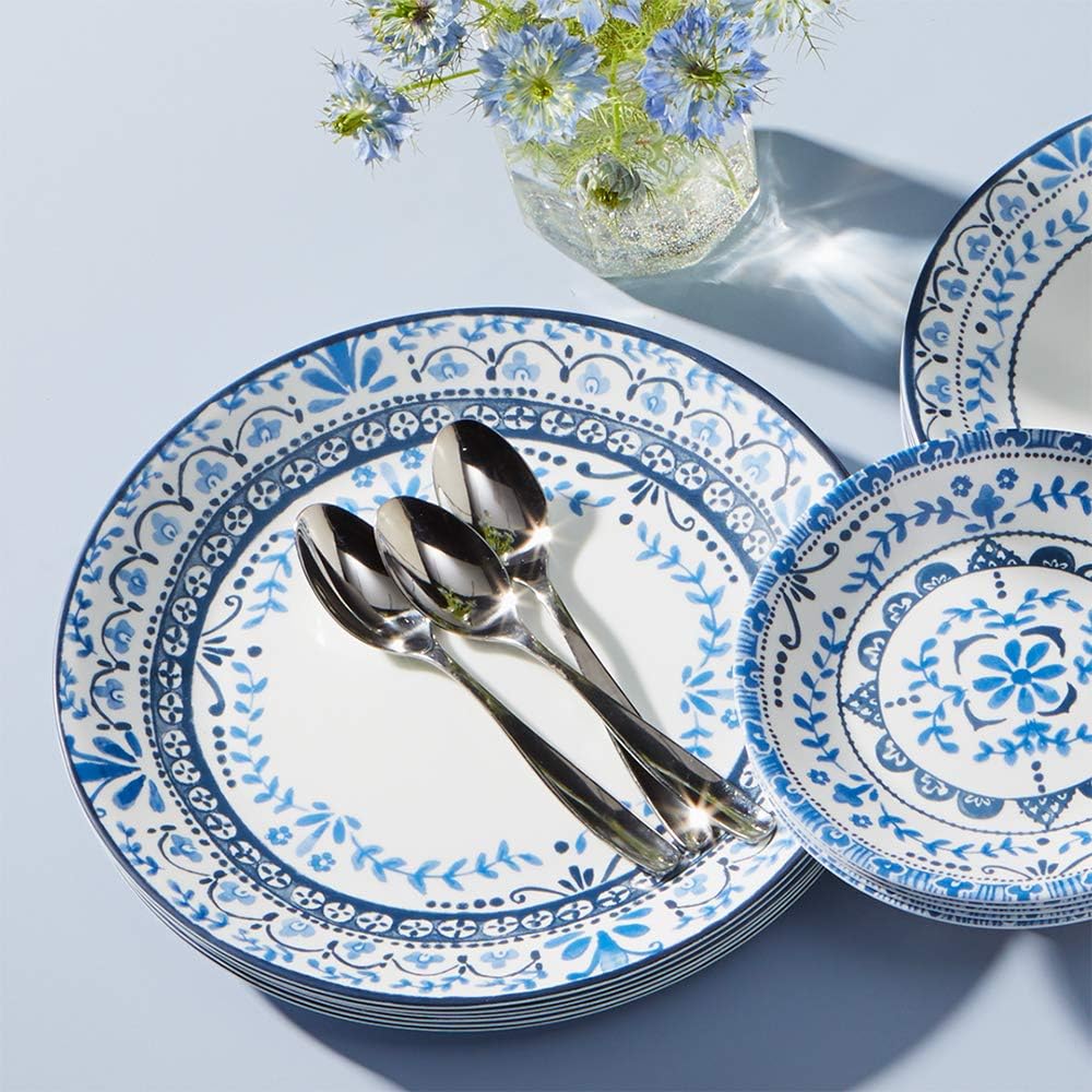 Corelle Vitrelle 18-Piece Service for 6 Dinnerware Set, Triple Layer Glass and Chip Resistant, Lightweight Round Plates and Bowls Set, Portofino
